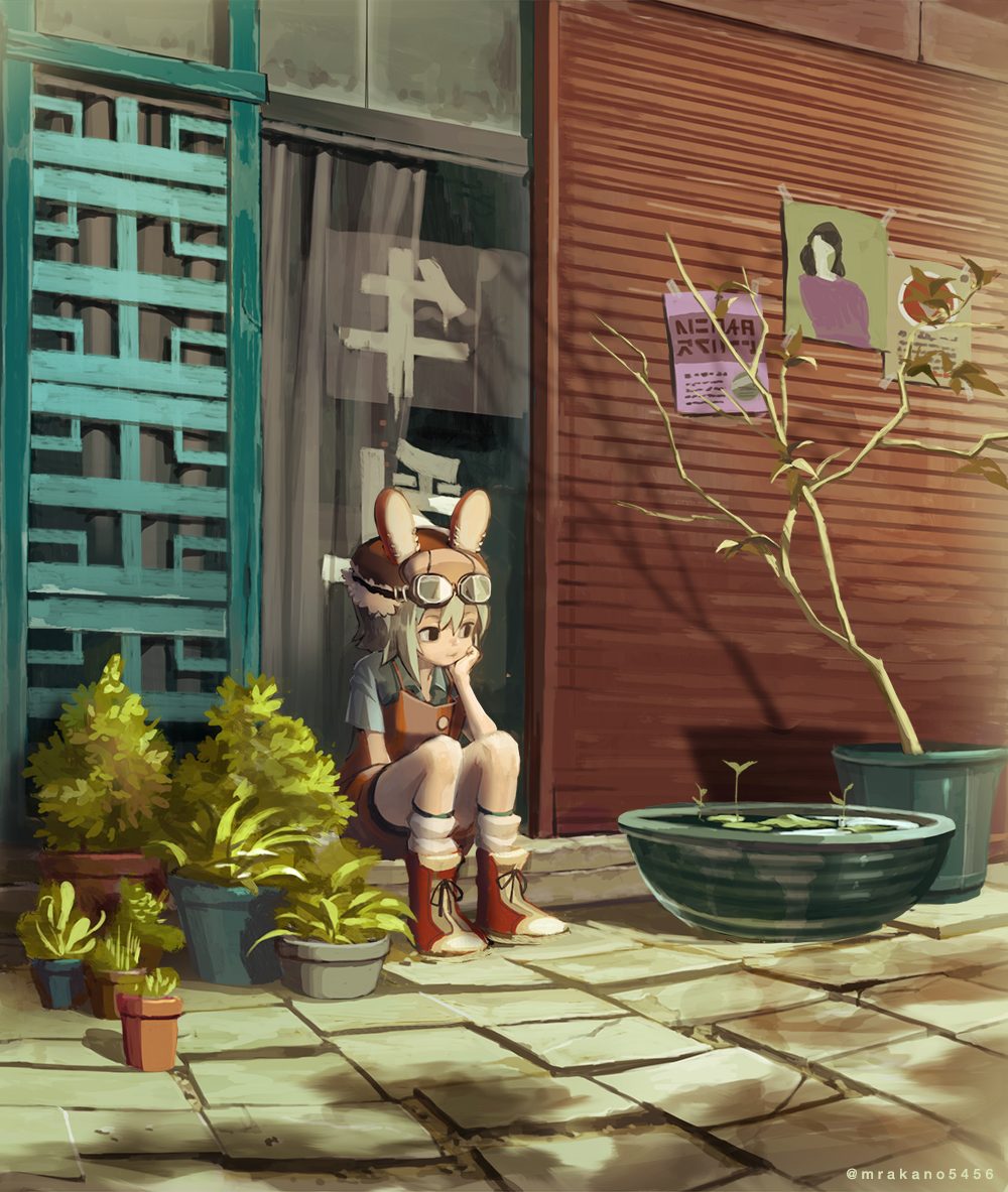 1girl animal_ears black_eyes brown_hat closed_mouth goggles goggles_on_headwear green_hair hat kouka_(mrakano5456) original outdoors plant potted_plant rabbit_ears scenery short_hair solo twitter_username