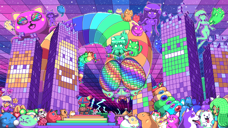 6+girls animal_ears bangs baseball block breasts bug cat cat_ears colorful dog earrings flower frog garfield garfield_(character) heart insect jewelry lightning long_hair multiple_girls navel no_pupils open_mouth original paul_robertson pixel_art psychedelic pyramid rainbow short_sleeves sky smile star_(sky) starry_sky sword tagme weapon
