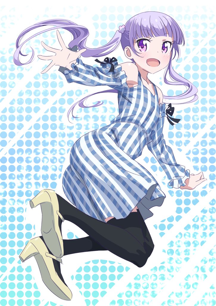 1girl :d black_legwear black_ribbon dress floating_hair full_body hair_ornament high_heels long_hair looking_at_viewer new_game! open_mouth outstretched_arms pink_x pumps purple_hair ribbon smile solo striped suzukaze_aoba thigh-highs twintails vertical-striped_dress vertical_stripes violet_eyes white_footwear