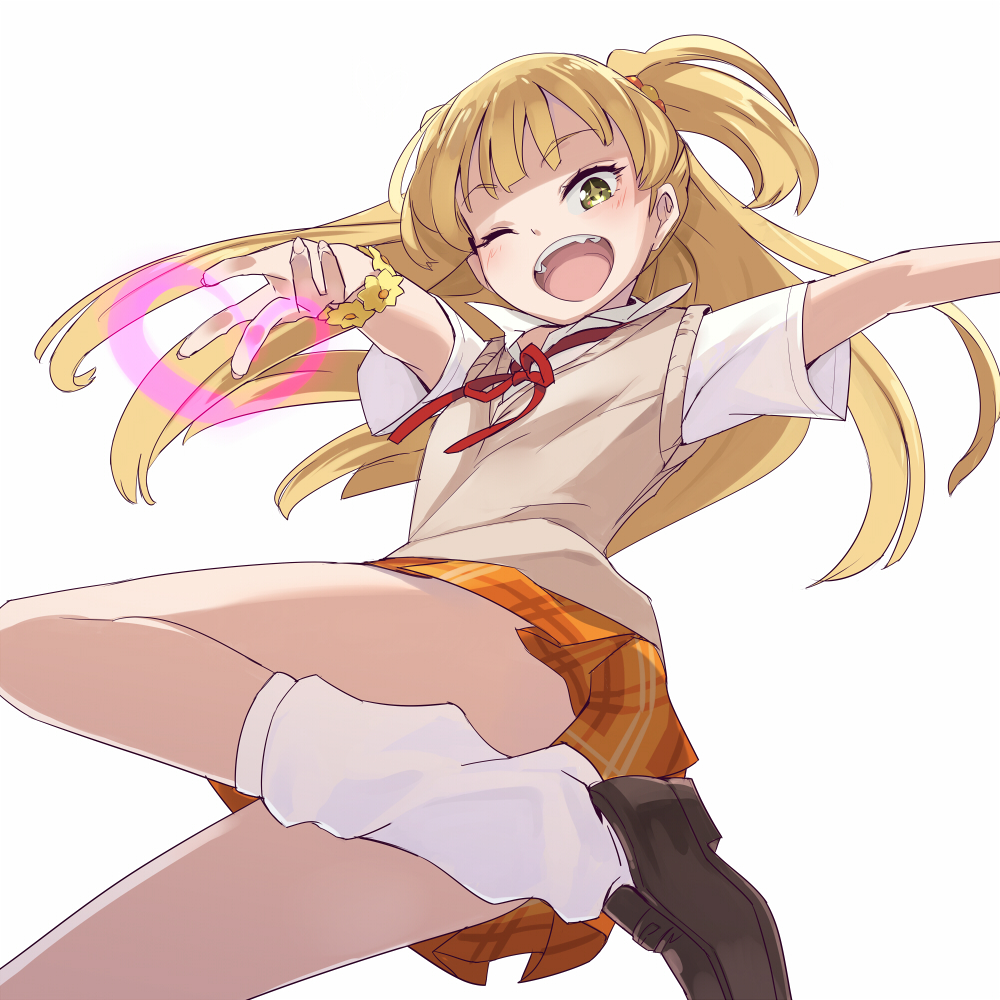 1girl ;d blonde_hair blush bracelet collared_shirt convenient_leg eyebrows_visible_through_hair fang green_eyes hair_bobbles hair_ornament heart idolmaster idolmaster_cinderella_girls jewelry jougasaki_rika kawaty leg_up loafers long_hair loose_socks necktie one_eye_closed open_mouth outstretched_arms plaid plaid_skirt pose red_neckwear shirt shoes short_sleeves simple_background sketch skirt smile socks solo sparkling_eyes sweater_vest teeth two_side_up white_legwear white_shirt