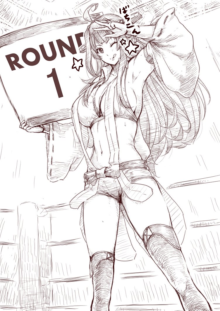 1girl :q ahoge armpits boots boxing_ring breasts cleavage detached_sleeves greyscale headgear holding holding_sign kantai_collection kongou_(kantai_collection) large_breasts long_hair looking_at_viewer monochrome navel one_eye_closed short_shorts shorts sideboob sign star suspender_shorts suspenders sweat thigh-highs thigh_boots tobisawa tongue tongue_out v wide_sleeves