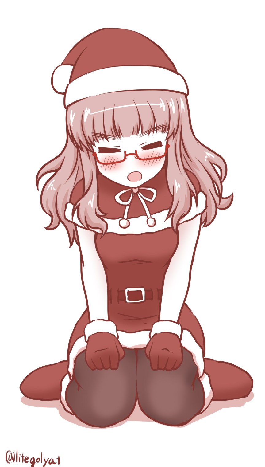 bangs blush closed_eyes full_body girls_und_panzer gloves goriate hat highres open_mouth pantyhose red_gloves santa_costume santa_hat seiza semi-rimless_eyewear sitting takebe_saori twitter_username under-rim_eyewear