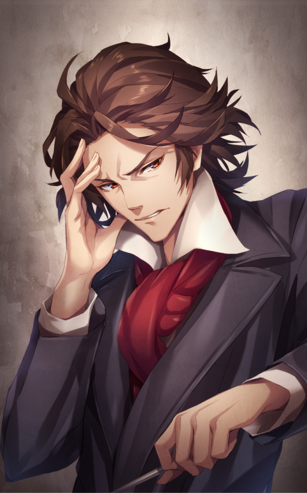 1boy baton brown_eyes brown_hair copyright_request formal hand_up looking_at_viewer male_focus official_art parted_lips red_neckwear solo suit tokumaru upper_body