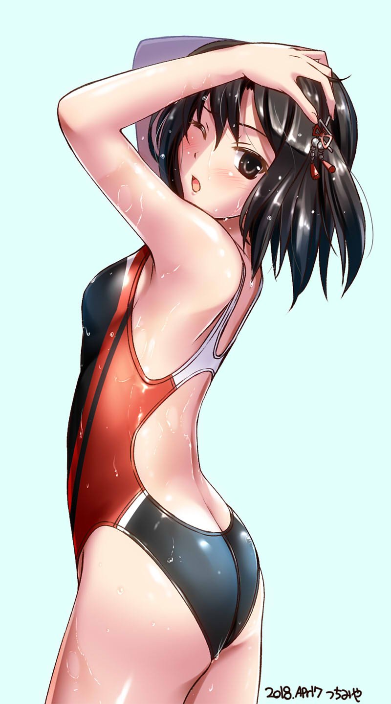 1girl artist_name ass black_hair black_swimsuit blue_background breasts brown_eyes butt_crack competition_swimsuit cowboy_shot dated from_behind hair_ornament hands_on_own_head highres kantai_collection one-piece_swimsuit sendai_(kantai_collection) short_hair simple_background small_breasts solo standing swimsuit tsuchimiya two_side_up wet wet_clothes wet_hair wet_swimsuit