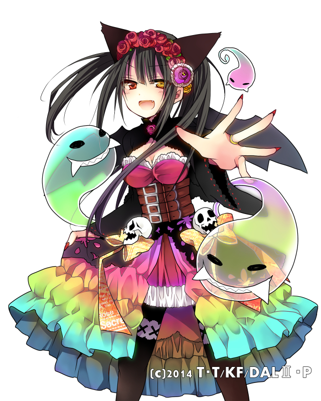 1girl ;d animal_ears asymmetrical_hair black_capelet black_hair black_legwear black_wings breasts capelet cat_ears cleavage clock_eyes corset cowboy_shot date_a_live dress fang floating_hair flower ghost hair_flower hair_ornament halloween halloween_costume head_wreath heterochromia hibiki_mio jewelry long_hair medium_breasts multicolored multicolored_clothes multicolored_dress nail_polish one_eye_closed open_mouth pantyhose red_eyes red_flower red_nails ribbon-trimmed_sleeves ribbon_trim ring simple_background smile solo standing symbol-shaped_pupils tokisaki_kurumi transparent white_background wings yellow_eyes