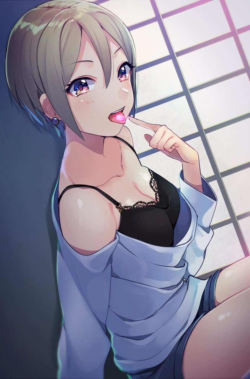 1girl bangs bare_shoulders bbbannooo black_camisole black_eyes blush breasts camisole cleavage collarbone commentary earrings eyebrows_visible_through_hair finger_to_tongue grey_hair hair_between_eyes highres idolmaster idolmaster_cinderella_girls jewelry lace long_sleeves looking_at_viewer medium_breasts off-shoulder_shirt open_mouth parted_bangs petals shiomi_shuuko shirt short_hair short_shorts shorts shouji sitting sliding_doors smile solo tongue tongue_out