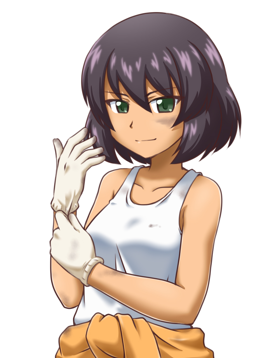 1girl adjusting_clothes adjusting_gloves black_hair breasts clothes_around_waist collarbone dirty girls_und_panzer gloves goriate green_eyes highres hoshino_(girls_und_panzer) jacket_around_waist medium_breasts smile solo tan tank_top white_background white_gloves