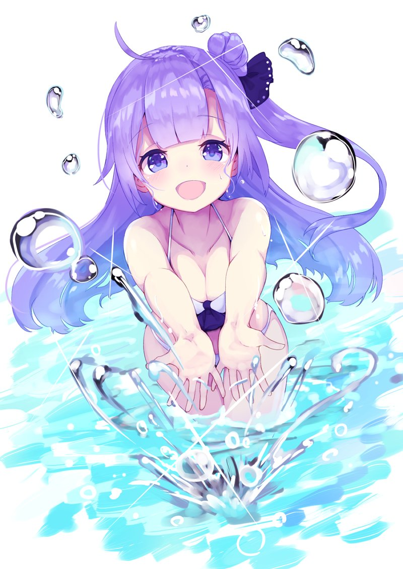 1girl :d ahoge amacha azur_lane bikini blush breasts cleavage commentary commentary_request dutch_angle halterneck leaning_forward long_hair looking_at_viewer medium_breasts one_side_up open_mouth outstretched_hand purple_hair side_bun smile solo splashing swimsuit unicorn_(azur_lane) violet_eyes wading water_drop white_bikini