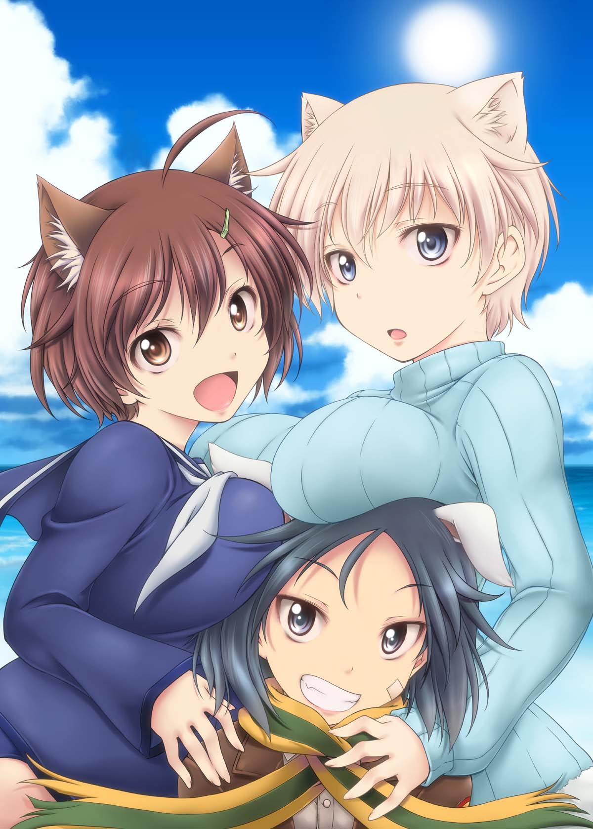 3girls :d bandaid bandaid_on_face black_eyes black_hair blonde_hair blouse blue_blouse blue_eyes blue_sweater brave_witches breast_rest breasts breasts_on_head brown_eyes brown_hair brown_jacket clouds cloudy_sky day eyebrows_visible_through_hair grin hair_ornament hairclip hand_on_another's_shoulder highres iwami_kyuuto jacket kanno_naoe karibuchi_hikari large_breasts multicolored multicolored_clothes multicolored_scarf multiple_girls neckerchief nikka_edvardine_katajainen open_mouth outdoors pose ribbed_sweater scarf school_uniform serafuku sharp_teeth shirt short_hair sky smile striped striped_scarf sweater teeth turtleneck white_neckwear white_shirt world_witches_series