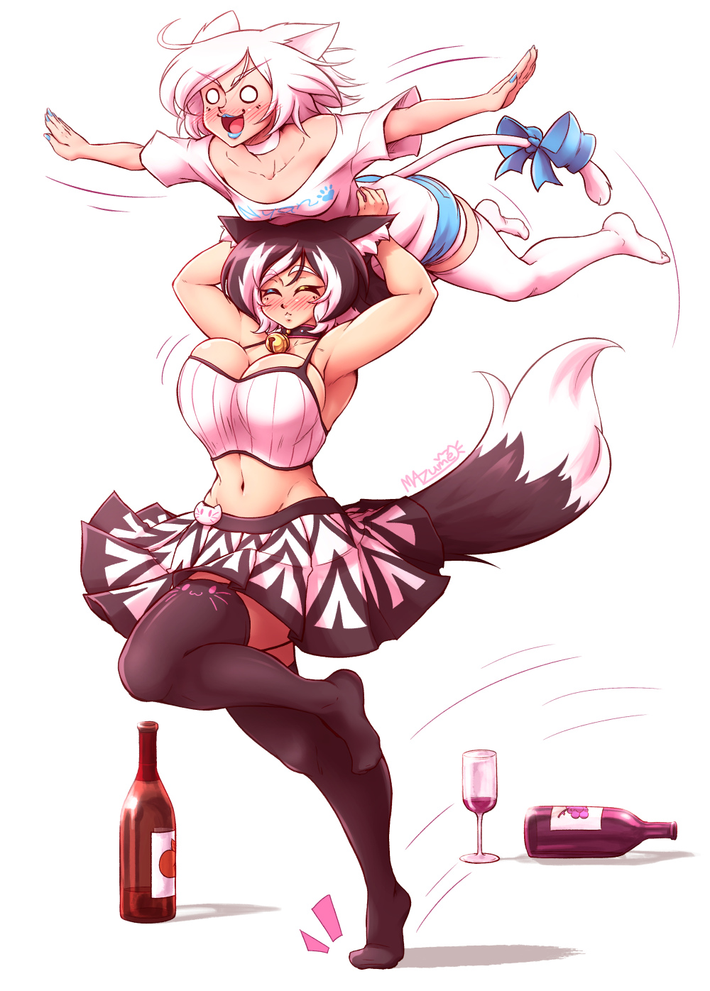 2girls :&gt; :d animal_band_legwear animal_ears artist_name bell bell_choker black_hair black_legwear blue_bow blue_lipstick blush bottle bouncing_breasts bow breasts camisole carrying carrying_overhead cat_band_legwear cat_ears cat_tail choker closed_eyes cup drinking_glass drunk eyebrows_visible_through_hair full_body highres kat_(mazume) kit_(mazume) large_breasts lipstick makeup mazume motion_lines multicolored_hair multiple_girls navel no_shoes nose_blush o_o open_mouth original outstretched_arms running shirt short_hair short_shorts shorts simple_background skirt small_breasts smile spread_arms streaked_hair swimsuit t-shirt tail tail_bow thigh-highs two-tone_hair v-shaped_eyebrows white_background white_hair white_legwear wine_bottle wine_glass