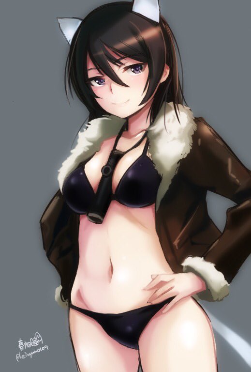 1girl adolfine_galland animal_ears artist_name between_breasts bikini black_bikini black_hair blue_eyes breasts brown_jacket cat_ears cat_tail cowboy_shot fur-trimmed_jacket fur_trim grey_background hands_on_hips haruhata_mutsuki jacket long_hair looking_at_viewer medium_breasts simple_background smile solo strike_witches swimsuit tail twitter_username world_witches_series