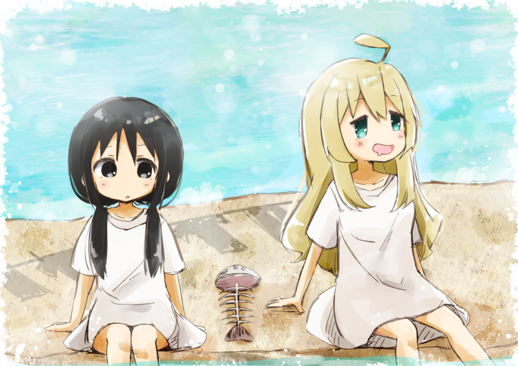 2girls ahoge black_eyes black_hair blonde_hair blue_eyes chito_(shoujo_shuumatsu_ryokou) hyakka_onibi long_hair looking_away multiple_girls open_mouth shoujo_shuumatsu_ryokou sitting twintails yuuri_(shoujo_shuumatsu_ryokou)