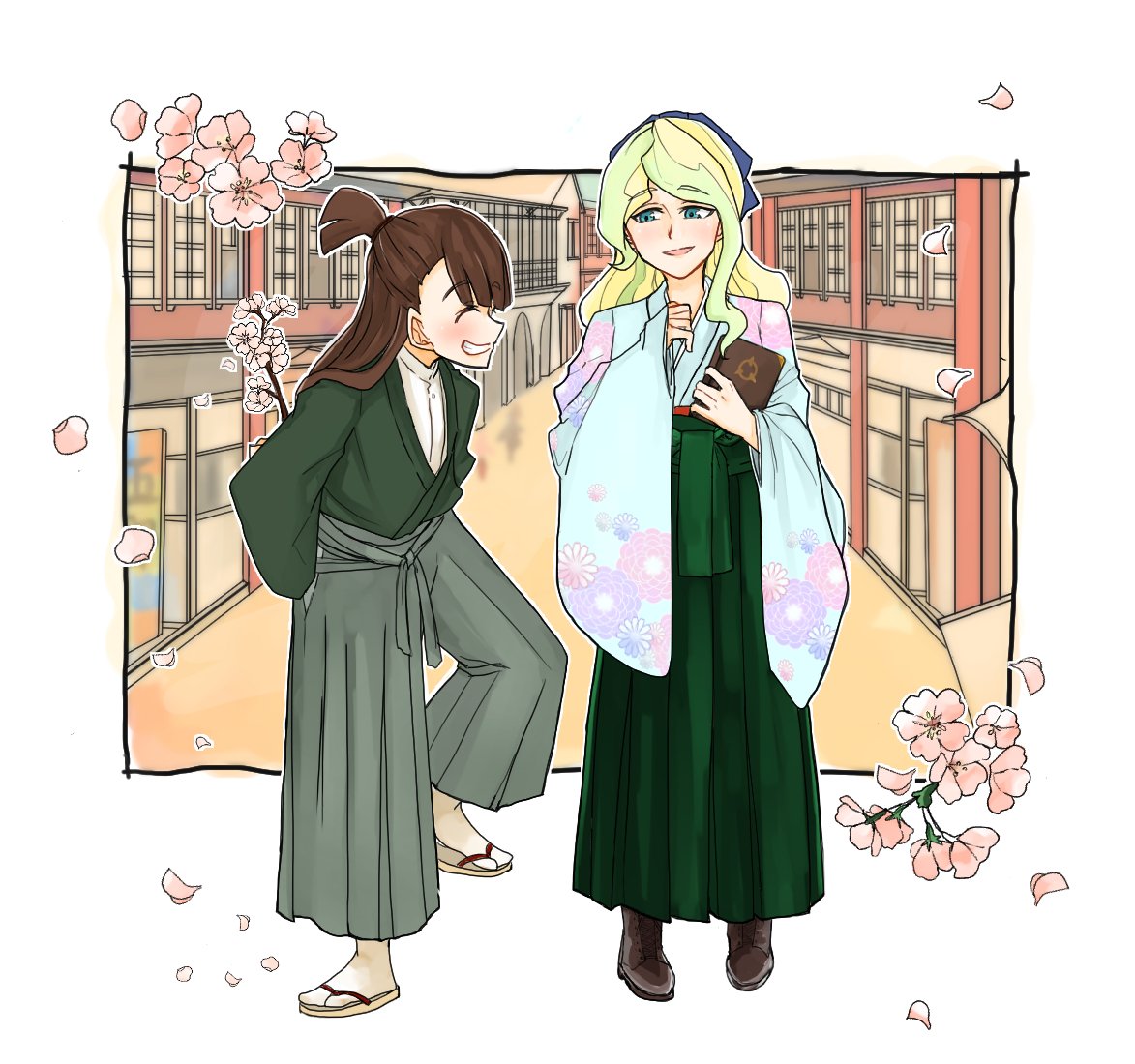 2girls artist_request blonde_hair book cherry_blossoms closed_eyes commentary_request diana_cavendish grin japanese_clothes kagari_atsuko kimono little_witch_academia multiple_girls petals smile taishou_era town