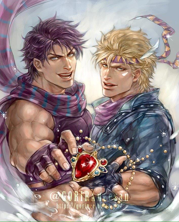 2boys artist_name bandanna bare_shoulders battle_tendency blonde_hair blue_gloves blue_scarf caesar_anthonio_zeppeli feathers fingerless_gloves gem gloves goriraneesan hair_feathers jacket jewelry jojo_no_kimyou_na_bouken joseph_joestar_(young) looking_at_viewer midriff multiple_boys muscle open_mouth pendant purple_gloves purple_hair scarf smile striped striped_scarf tank_top twitter_username upper_body winged_hair_ornament