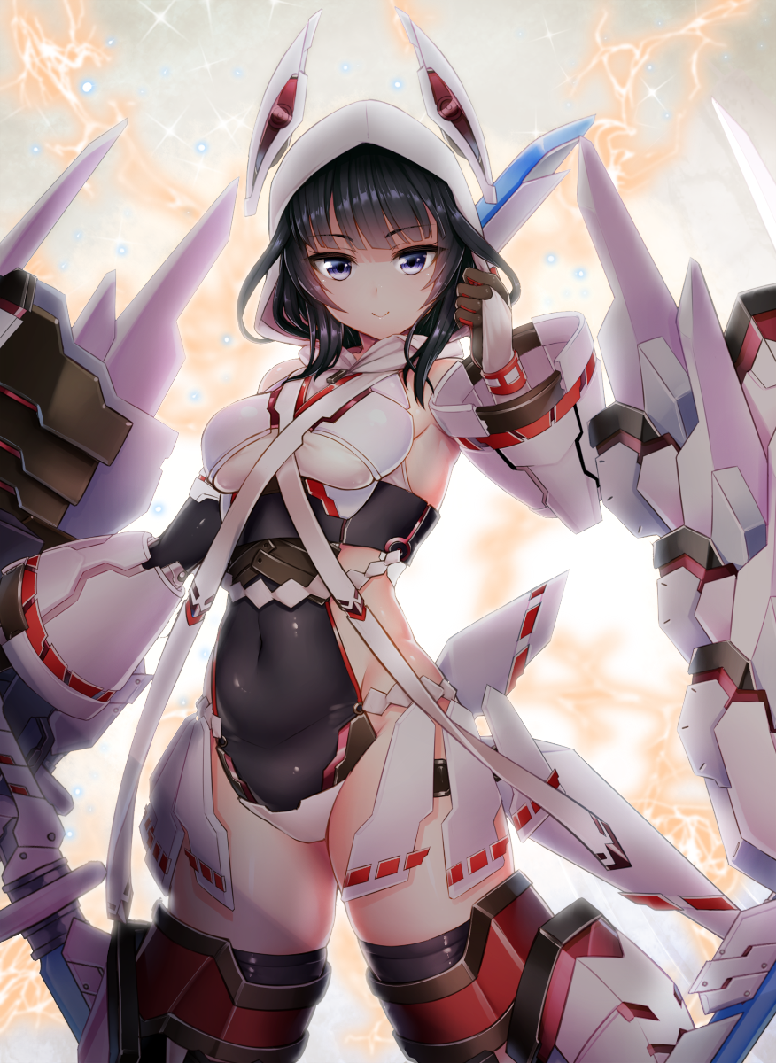 1girl agatsuma_kaede alice_gear_aegis armor backlighting bangs black_hair black_leotard blue_eyes blunt_bangs breasts brown_gloves closed_mouth commentary_request covered_navel doyouwantto electricity eyebrows_visible_through_hair gloves hand_up highres hood hood_up legs_apart leotard light_particles looking_at_viewer machinery medium_breasts medium_hair shiny shiny_clothes shiny_hair shiny_skin smile solo sparkle standing sword thigh-highs tsurime weapon white_legwear
