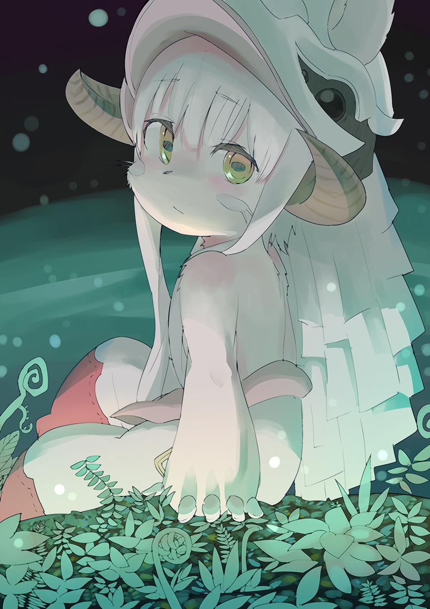 1girl :/ animal_ears bangs bare_arms bare_shoulders closed_mouth eyebrows eyebrows_visible_through_hair from_side fur furry hair_between_eyes hat highres horizontal_pupils horned_headwear horns long_hair looking_at_viewer made_in_abyss nanachi_(made_in_abyss) pants plant rabbit_ears ringed_eyes samidare sitting solo topless whiskers white_hair white_pants yellow_eyes