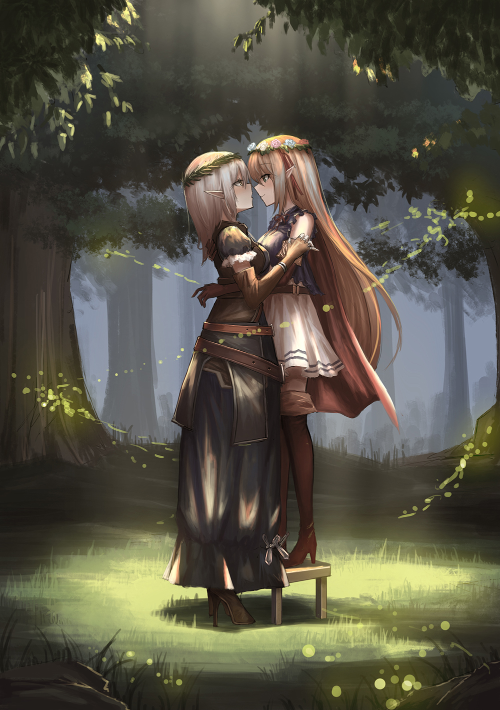 2girls arisa_(shadowverse) belt blonde_hair blush boots breasts brown_eyes brown_footwear brown_hair cape closed_mouth commentary dress elbow_gloves fingerless_gloves forest from_side gloves hand_on_another's_back head_wreath high_heels highres long_hair looking_at_another losaria_(shadowverse) medium_breasts multiple_girls nature open_mouth outdoors pointy_ears shadowverse skirt smile standing stool sunlight thigh-highs thigh_boots tree very_long_hair white_skirt yuri yurichtofen