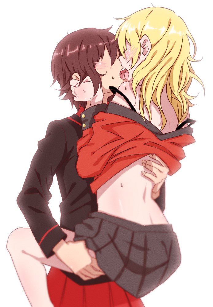 2girls black_bra blonde_hair blush bra brown_hair cowboy_shot darjeeling faceless faceless_female french_kiss girls_und_panzer hand_on_another's_back kiss kuromorimine_school_uniform lamen3000 long_hair multiple_girls nishizumi_maho off_shoulder shirt_lift st._gloriana's_military_uniform strap_gap sweat underwear white_background yuri