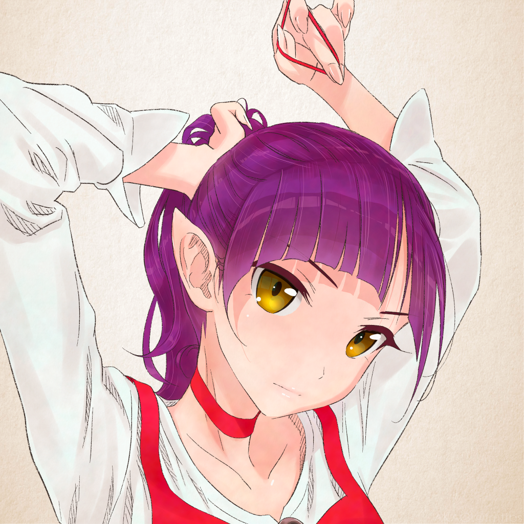 1girl adjusting_hair akagi_(fmttps) arms_up artist_name choker collarbone dress fingernails gegege_no_kitarou hair_tie holding holding_hair lips long_hair long_sleeves nekomusume nekomusume_(gegege_no_kitarou_6) pointy_ears ponytail purple_hair red_dress sharp_fingernails shiny shiny_hair shirt solo twitter_username tying_hair white_shirt yellow_eyes