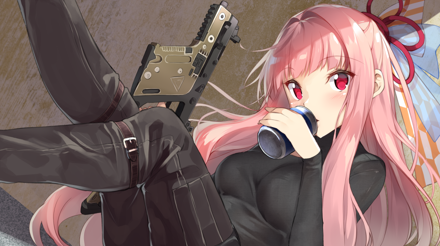 1girl bangs black_pants black_shirt blush bow can commentary_request eyebrows_visible_through_hair gun hair_bow hair_ribbon holding holding_can holding_gun holding_weapon kotonoha_akane long_hair long_sleeves pants parted_lips pink_hair red_eyes red_ribbon ribbon shirt solo very_long_hair voiceroid weapon weapon_request yappen