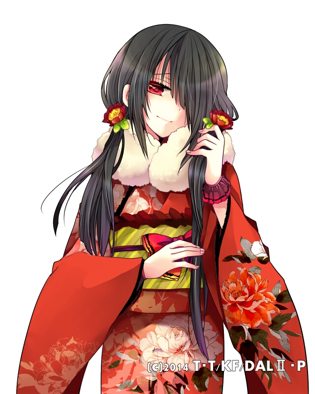 1girl asymmetrical_hair black_hair bow cowboy_shot date_a_live floral_print flower fur_trim furisode hair_down hair_flower hair_ornament hair_over_one_eye head_tilt hibiki_mio japanese_clothes kimono long_hair looking_at_viewer obi red_bow red_eyes red_flower red_kimono sash simple_background smile solo standing tokisaki_kurumi twintails very_long_hair white_background wrist_cuffs