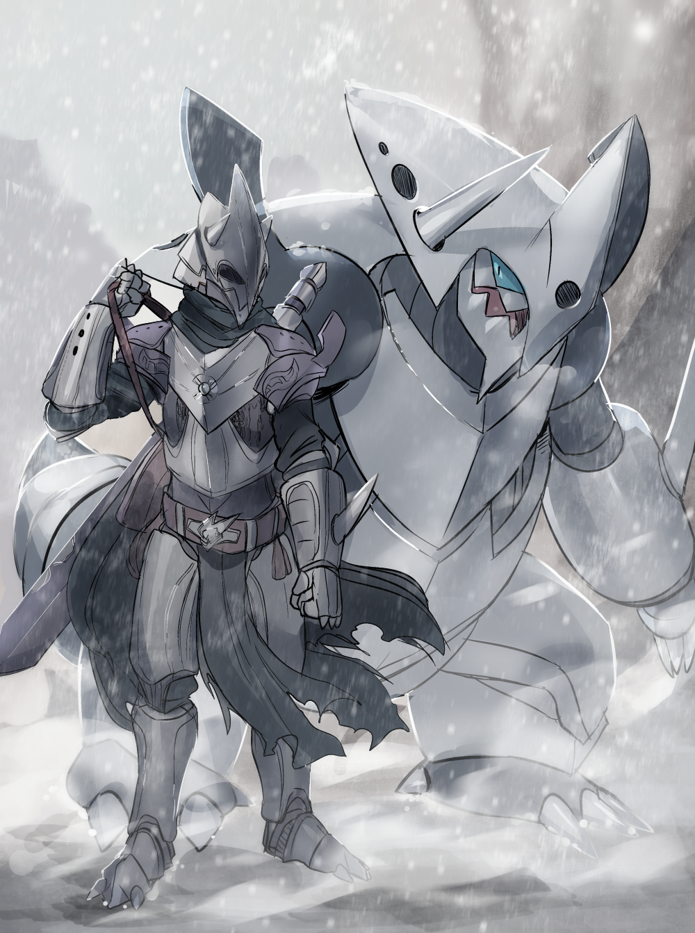 1other aggron armor belt black_scarf blue_eyes boots clenched_hand gauntlets greaves helmet highres knight looking_at_another open_mouth pokemon pokemon_(creature) ryairyai scarf snow spiked_gauntlets standing sword weapon