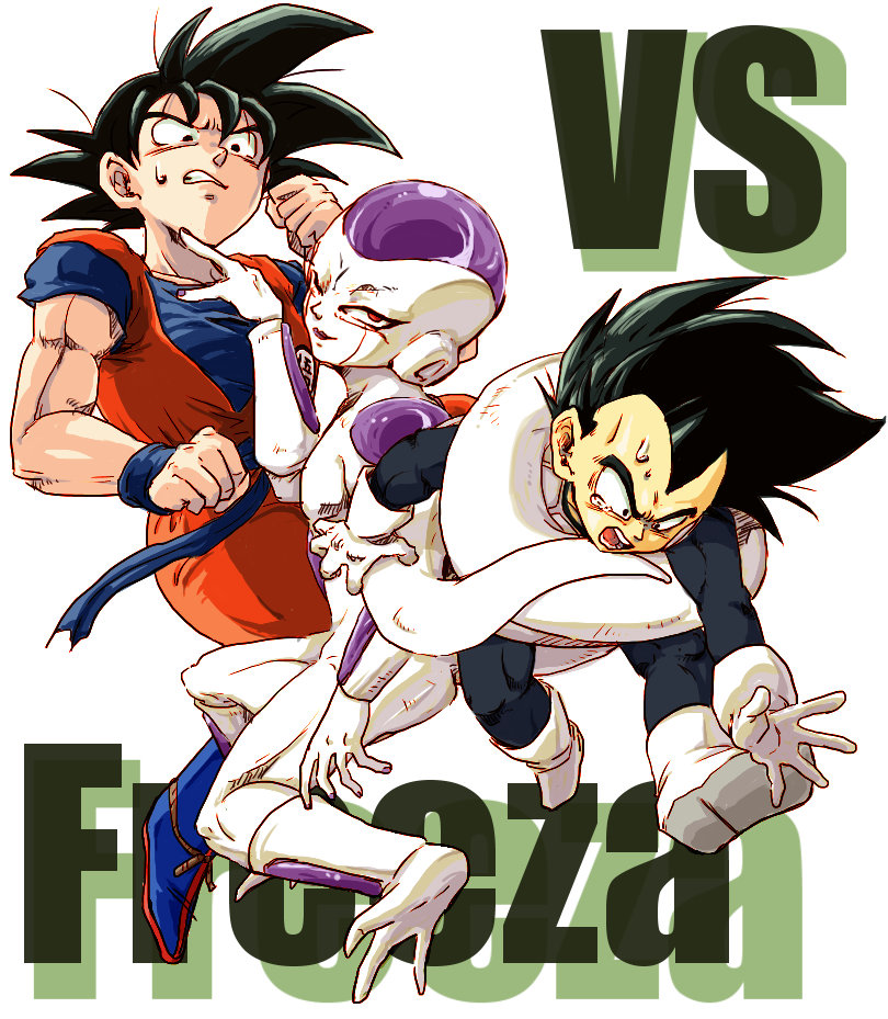 3boys ;) black_eyes black_hair boots character_name clenched_hand commentary_request d: dougi dragon_ball dragonball_z frieza full_body gloves looking_at_another looking_at_viewer looking_down male_focus multiple_boys nervous one_eye_closed open_mouth outstretched_arms red_eyes senka-san short_hair simple_background smile son_gokuu spiky_hair sweatdrop tail tears vegeta vs white_background wristband