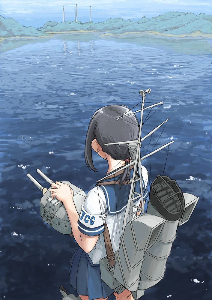 1girl armband black_hair blue_skirt cannon from_above from_behind fubuki_(kantai_collection) holding_turret kantai_collection looking_away low_ponytail machinery pleated_skirt ponytail school_uniform serafuku short_hair short_ponytail short_sleeves sidelocks skirt solo vent_arbre