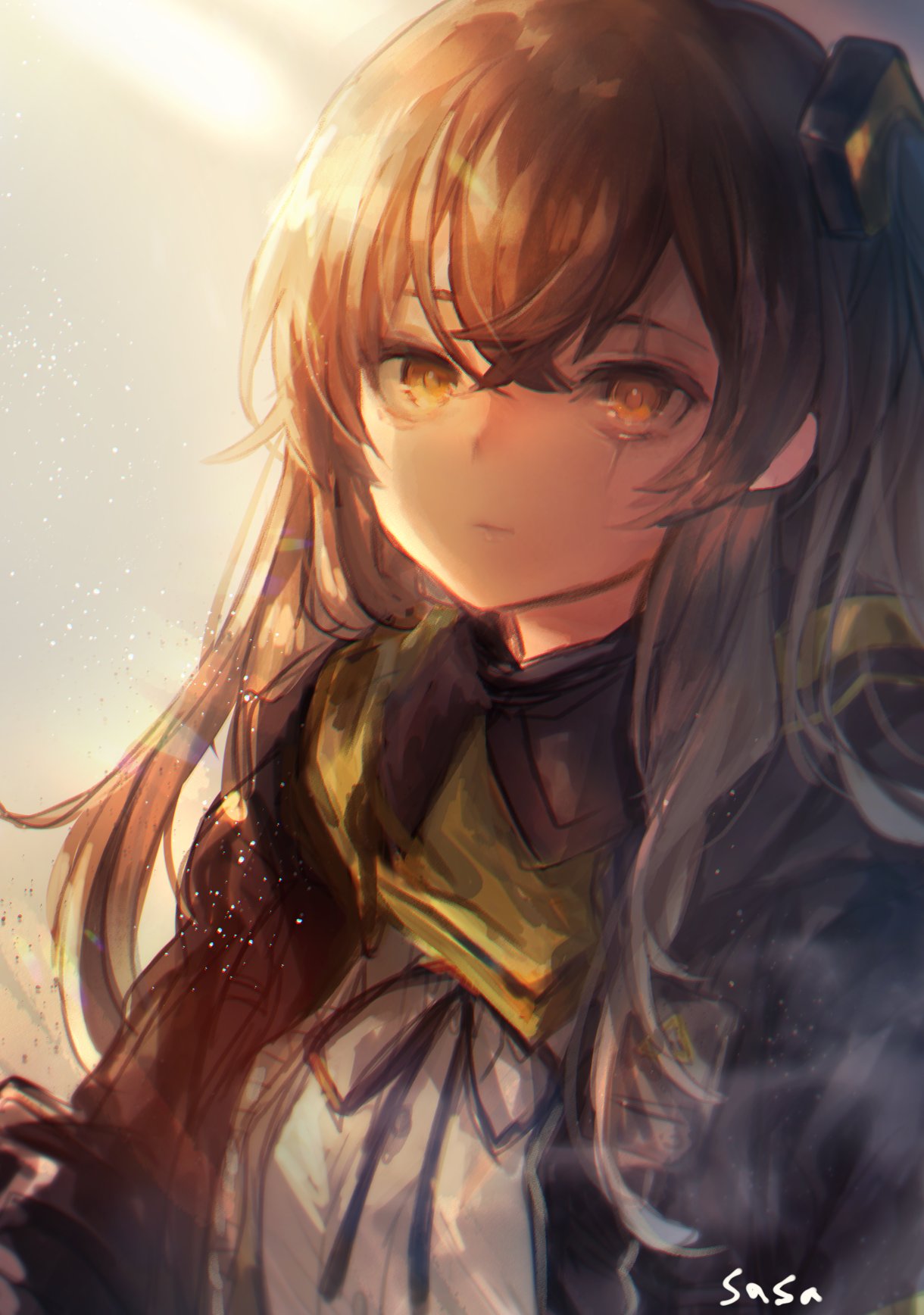 1girl armband bangs black_ribbon brown_hair closed_mouth crossed_bangs evening girls_frontline hair_between_eyes hair_ornament highres jacket light_particles long_hair looking_at_viewer neck_ribbon nekojita_(ika_neko46) one_side_up ribbon scar scar_across_eye scarf shirt sidelocks signature smoke_trail sunlight ump45_(girls_frontline) white_shirt yellow_eyes