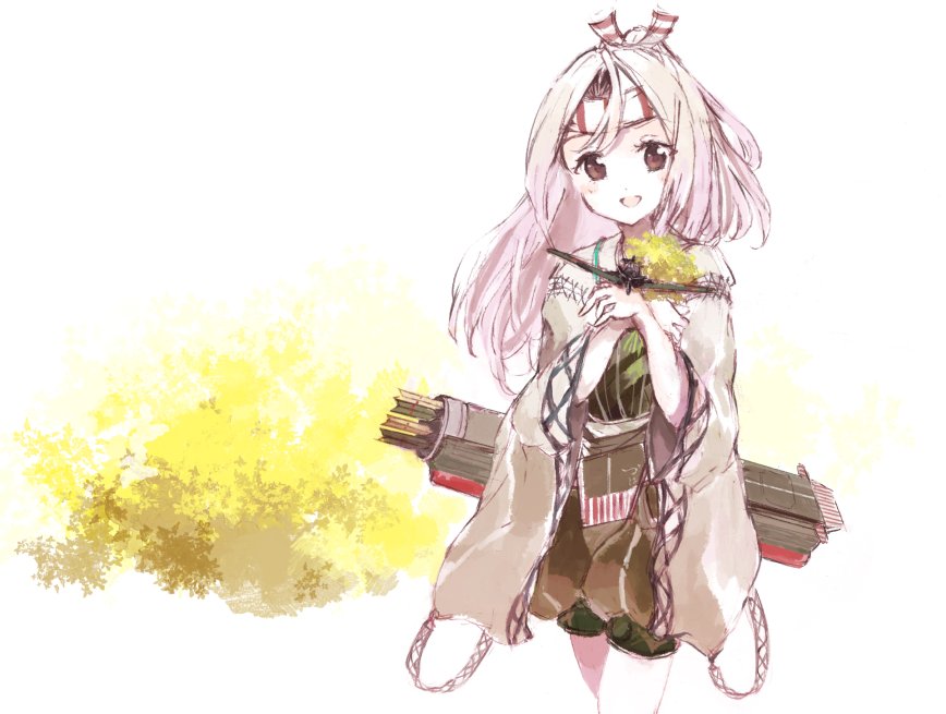 1girl :d aircraft arrow blush brown_eyes cowboy_shot flight_deck flower hachimaki headband high_ponytail japanese_clothes kantai_collection kimono kokonoha_kitori light_brown_hair long_hair long_sleeves looking_at_viewer machinery open_mouth quiver remodel_(kantai_collection) rigging shorts smile solo wide_sleeves zuihou_(kantai_collection)