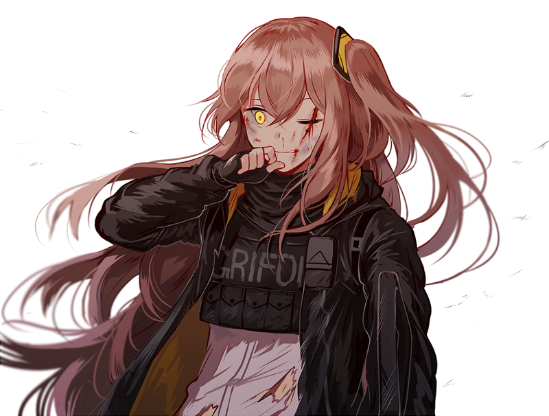 1girl armband bangs black_gloves blood brown_eyes brown_hair damaged deep_wound fingerless_gloves floating_hair girls_frontline gloves gun h&amp;k_ump h&amp;k_ump9 hair_between_eyes hair_ornament hand_to_own_mouth heckler_&amp;_koch holding holding_gun holding_weapon hood hood_down hooded_jacket injury jacket load_bearing_vest long_hair looking_at_viewer one_eye_closed one_side_up open_clothes open_jacket scar scar_across_eye scarf silence_girl simple_background smile submachine_gun torn_clothes ump45_(girls_frontline) weapon white_background wind wind_lift yellow_eyes