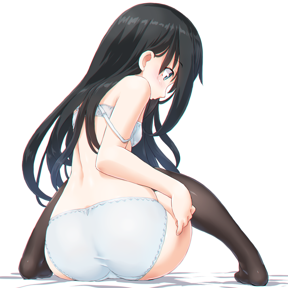 1girl asashio_(kantai_collection) ass bangs black_hair black_legwear blue_eyes blush bra breasts chromatic_aberration commentary_request dd_(ijigendd) eyebrows eyebrows_visible_through_hair from_behind full_body hair_between_eyes kantai_collection long_hair looking_away panties simple_background single_bare_shoulder sitting small_breasts solo straight_hair strap_slip thigh-highs underwear underwear_only white_background white_bra white_panties