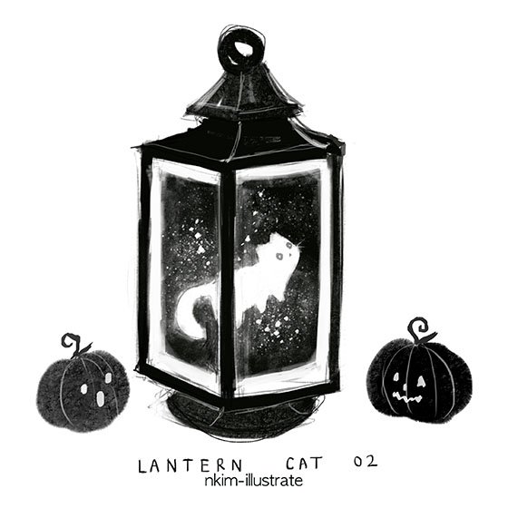 :o artist_name cat english floating glowing greyscale jack-o'-lantern lantern monochrome nadia_kim no_humans original pumpkin simple_background whiskers white_background