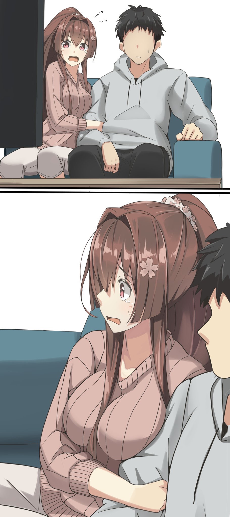 1boy 1girl between_breasts black_hair black_pants brown_hair closed_mouth collarbone comic couch couple faceless faceless_male flower flying_sweatdrops grey_hoodie hair_between_eyes hair_flower hair_intakes hair_ornament hetero highres holding_another's_arm housewife kantai_collection long_hair long_sleeves looking_to_the_side negahami open_mouth pants short_hair sidelocks simple_background sitting very_long_hair watching_television white_background wife yamato_(kantai_collection)