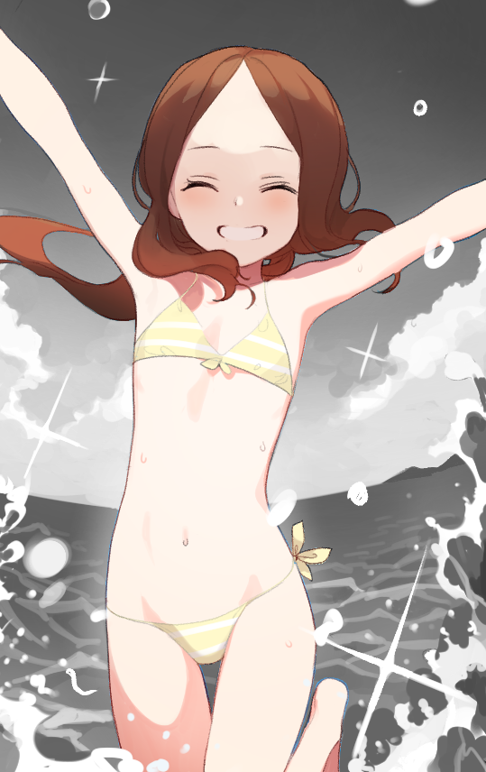 1girl ^_^ arms_up bangs barefoot beach bikini brown_hair closed_eyes commentary_request doremi fate/grand_order fate_(series) flat_chest front-tie_bikini front-tie_top grin korean_commentary leg_up leonardo_da_vinci_(fate/grand_order) long_hair navel outdoors outstretched_arms parted_bangs side-tie_bikini sidelocks smile solo splashing spot_color standing standing_on_one_leg striped striped_bikini swimsuit wading yellow_bikini younger