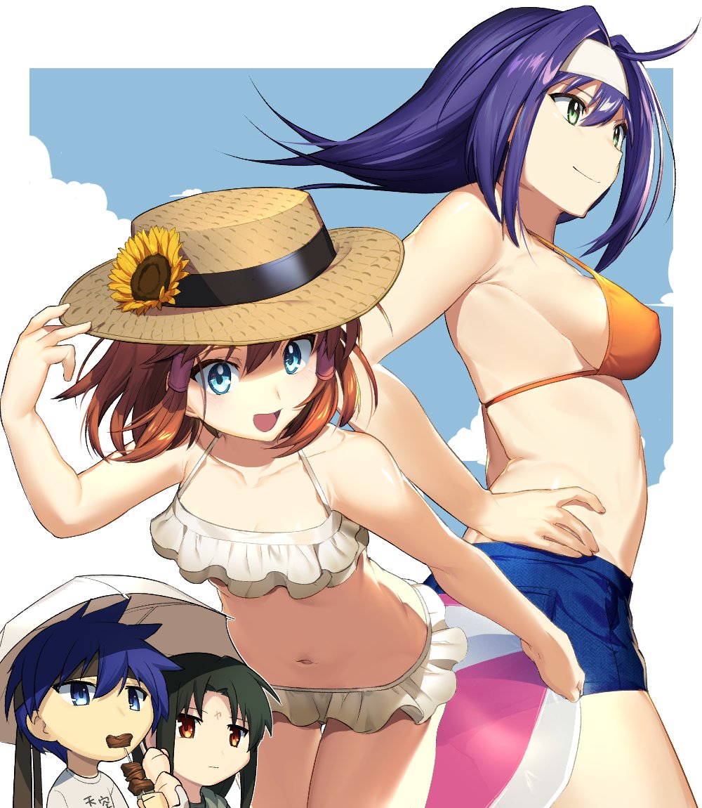 2boys 2girls beachball bikini black_hair blue_eyes blue_hair blush brown_hair cape facial_mark fire_emblem fire_emblem:_path_of_radiance fire_emblem:_souen_no_kiseki fire_emblem_9 fire_emblem_heroes gloves green_eyes hair_ornament hair_tubes hairband headband ike ike_(fire_emblem) intelligent_systems long_hair mia_(fire_emblem) mist_(fire_emblem) multiple_boys multiple_girls nintendo one_eye_closed purple_hair red_eyes short_hair shorts sky smile soren swimsuit tdob_mk2 wayu_(fire_emblem) white_hairband