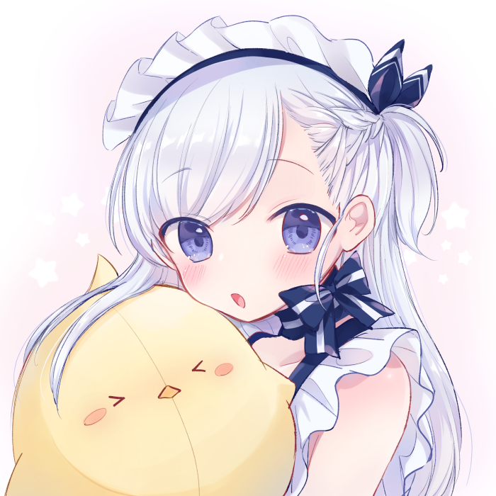 &gt;_&lt; 1girl :o artist_request azur_lane belfast_(azur_lane) blue_eyes blush braid commentary french_braid long_hair looking_at_viewer maid_headdress solo stuffed_chicken white_hair younger