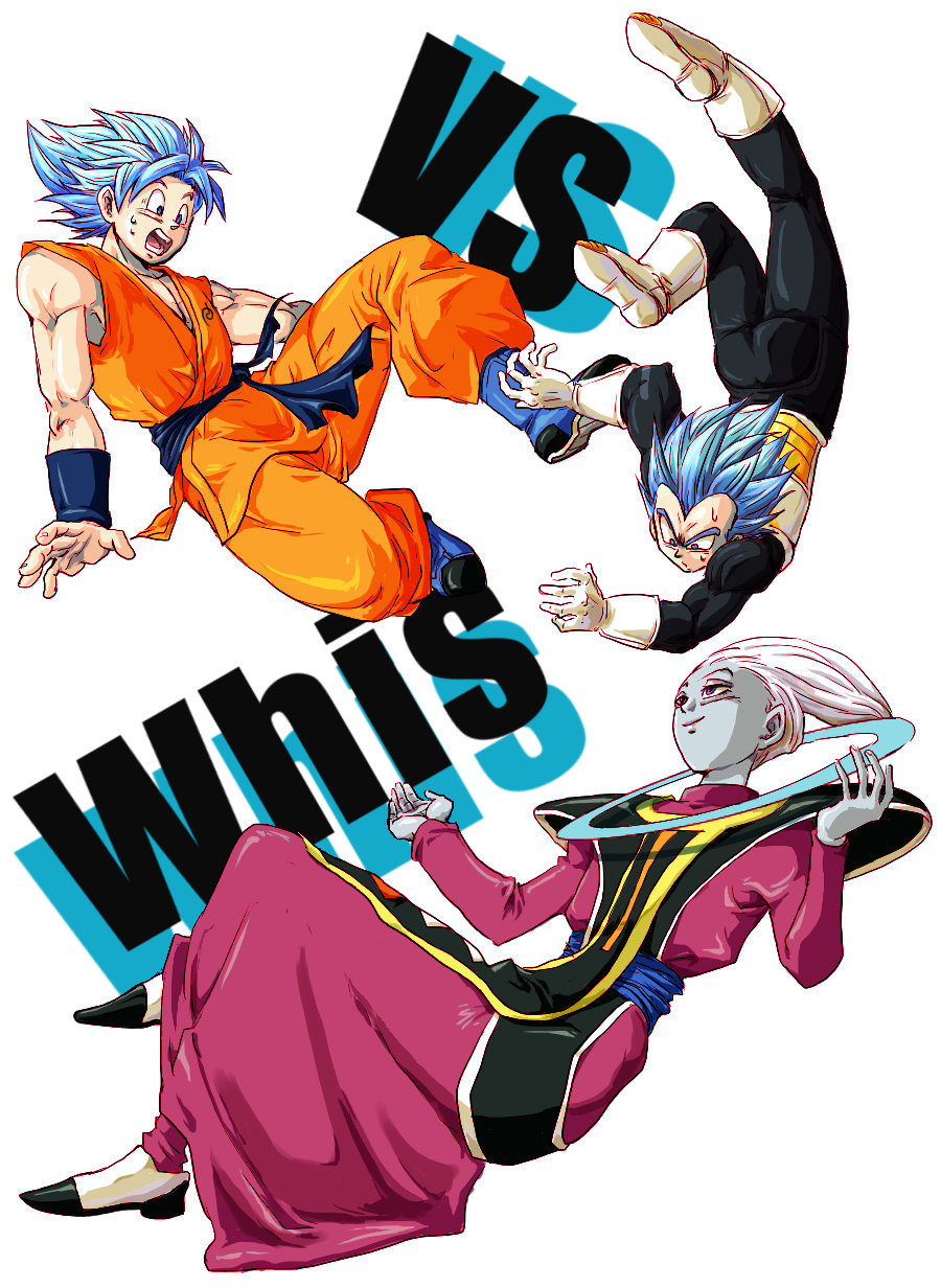 3boys :o armor blue_eyes blue_hair boots character_name d: dougi dragon_ball dragon_ball_super dragonball_z egyptian_clothes full_body gloves highres looking_at_another looking_up male_focus multiple_boys nervous open_mouth senka-san short_hair simple_background smile son_gokuu spiky_hair super_saiyan_blue sweatdrop upside-down vegeta vs whis white_background white_hair wristband