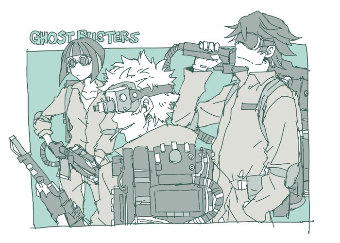 1girl 2boys bob_cut closed_mouth commentary_request copyright_name ghostbusters jumpsuit kagenui_yozuru kaiki_deishuu monogatari_(series) multiple_boys oshino_meme parody proton_pack short_hair sketch standing toge_(owannun)