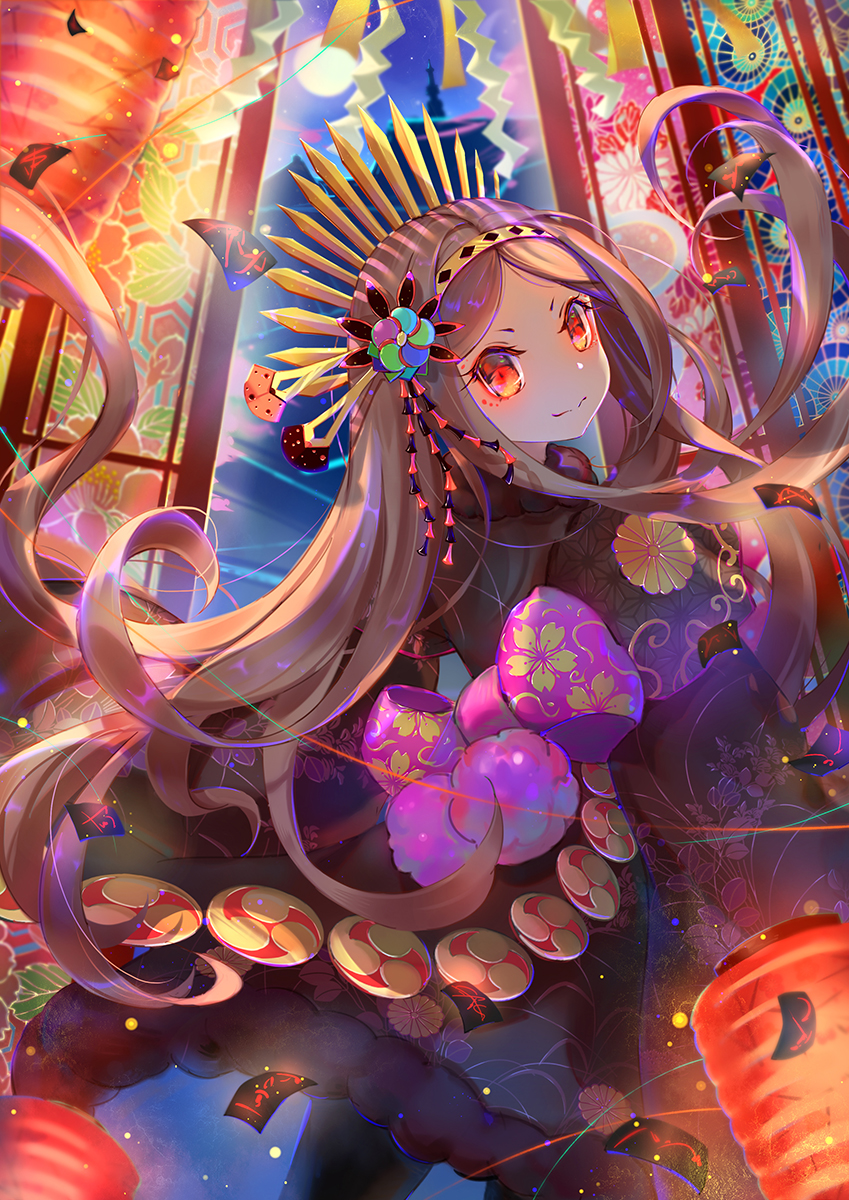 1girl asanogawa_(tutufcc) bangs bow brown_hair brown_kimono chacha_(fate/grand_order) closed_mouth commentary_request fate/grand_order fate_(series) floating_hair floral_print full_moon fur_collar hair_ornament headdress highres japanese_clothes kimono lantern long_hair long_sleeves looking_at_viewer moon night night_sky paper_lantern parted_bangs print_bow print_kimono purple_bow red_eyes sky smile solo star_(sky) starry_sky tower very_long_hair wide_sleeves