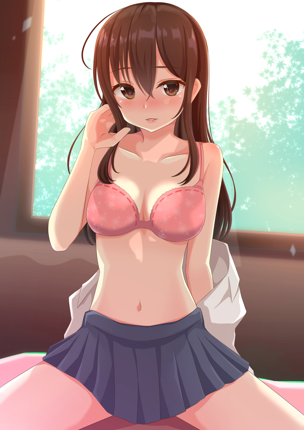 1girl aibumi bangs bare_arms bare_shoulders black_skirt blush bra breasts brown_eyes brown_hair cleavage collarbone collared_shirt commentary_request day eyebrows_visible_through_hair hair_between_eyes highres indoors long_hair looking_at_viewer medium_breasts navel nose_blush original parted_lips pink_bra pleated_skirt school_uniform shirt sidelocks sitting skirt solo spread_legs sunlight underwear white_shirt window