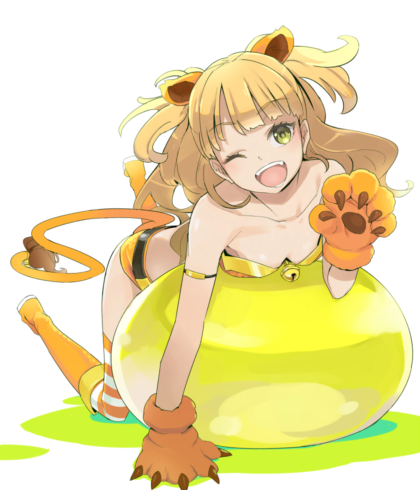 1girl ;d animal_ears armlet ball bandeau bare_shoulders bell belt blonde_hair boots breasts cleavage collarbone exercise_ball eyebrows_visible_through_hair fake_animal_ears fake_tail fang full_body gloves green_eyes idolmaster idolmaster_cinderella_girls jingle_bell jougasaki_rika kawaty knee_boots lion_ears lion_paw lion_tail long_hair looking_at_viewer one_eye_closed open_mouth paw_gloves paws short_shorts shorts simple_background small_breasts smile solo striped striped_legwear tail teeth thigh-highs two_side_up
