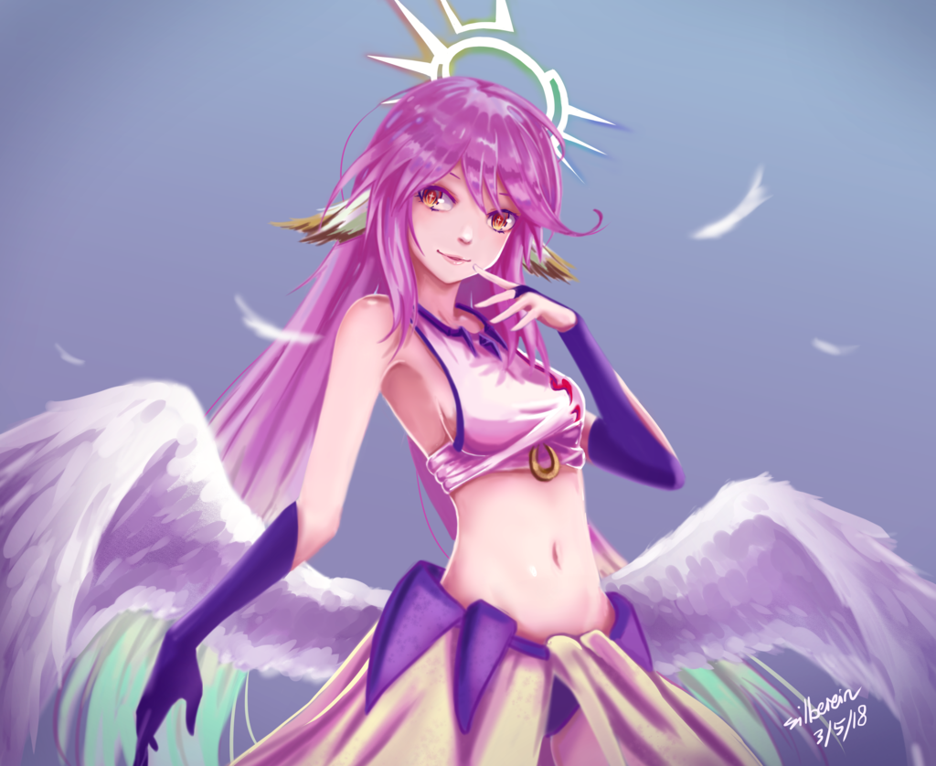 1girl angel_wings blue_background breasts bridal_gauntlets commentary crop_top cross feathered_wings feathers finger_to_mouth gloves gradient_eyes gradient_hair halo jibril_(no_game_no_life) long_hair low_wings magic_circle medium_breasts midriff multicolored multicolored_eyes multicolored_hair navel no_game_no_life orange_eyes parted_lips patrick_hambali pink_hair sideboob solo symbol-shaped_pupils very_long_hair white_wings wing_ears wings yellow_eyes