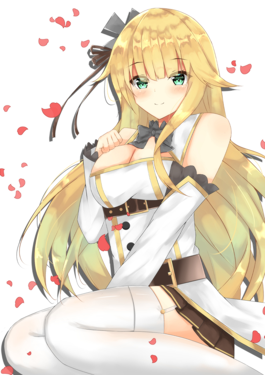 1girl aurora_(f10)_(azur_lane) azur_lane bangs bare_shoulders belt between_legs blonde_hair blush breasts buckle cleavage closed_mouth detached_sleeves eyebrows_visible_through_hair eyes_visible_through_hair garter_straps green_eyes hair_flaps hair_ornament hand_between_legs hand_on_own_chest highres jewelry large_breasts long_hair long_sleeves looking_at_viewer petals simple_background sitting skindentation smile solo t.o.bi thigh-highs thighs very_long_hair white_background white_legwear yokozuwari