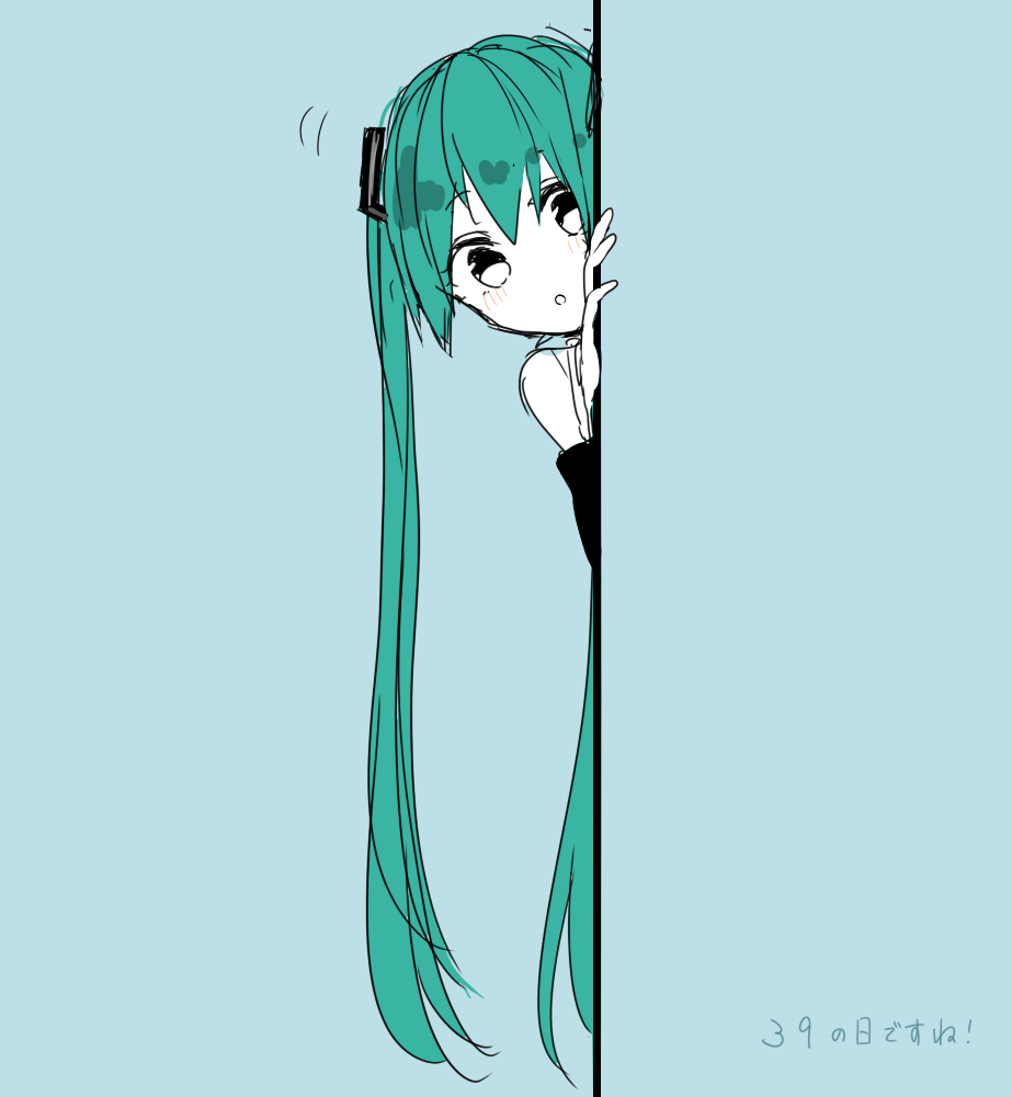 /\/\/\ 1girl 39 :o black_eyes blue_background blue_hair blush eyebrows_visible_through_hair hatsune_miku leaning leaning_forward long_hair looking_at_viewer number open_mouth simple_background solo_focus translated twintails very_long_hair vocaloid wall