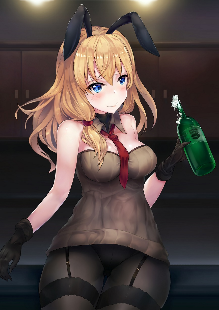 1girl alcohol animal_ears black_gloves black_legwear blonde_hair blue_eyes blush bottle breasts cleavage closed_mouth collar cowboy_shot crotch_seam detached_collar digi-mind_update_(girls_frontline) eyao garter_straps girls_frontline gloves hair_tie highres holding holding_bottle large_breasts long_hair looking_away mosin-nagant_(girls_frontline) necktie pantyhose rabbit_ears red_neckwear ribbed_sweater smile solo sweatdrop sweater sweater_vest thighband_pantyhose thighs