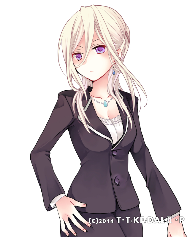 1girl black_jacket black_skirt breasts cleavage collarbone date_a_live earrings formal hair_between_eyes hand_on_hip head_tilt hibiki_mio jacket jewelry long_hair medium_breasts murasame_reine necklace shirt silver_hair simple_background skirt skirt_suit solo standing suit violet_eyes white_background white_shirt