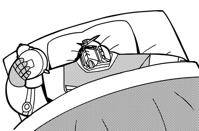 alarm_clock arm_up bkub clock futon greyscale gundam holding_object looking_at_clock mecha monochrome no_humans pillow rx-78-2 simple_background under_covers white_background