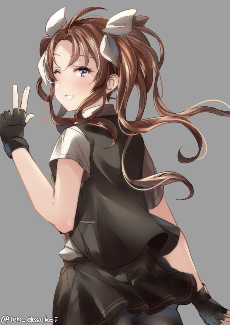 1girl bangs black_gloves black_skirt black_vest blush bow brown_hair eyebrows_visible_through_hair fingerless_gloves floating_hair from_side gloves grey_background hair_between_eyes hair_ribbon hand_up juurouta kagerou_(kantai_collection) kantai_collection long_hair looking_at_viewer looking_back miniskirt one_eye_closed parted_lips remodel_(kantai_collection) ribbon shirt short_sleeves sidelocks simple_background skirt smile solo twintails vest violet_eyes w white_ribbon white_shirt wind wind_lift