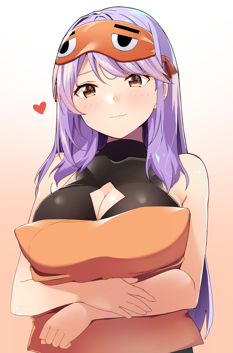 1girl bare_shoulders breasts brown_eyes byte_(allbyte) cleavage closed_mouth commentary_request heart highres large_breasts long_hair looking_at_viewer original purple_hair smile solo upper_body